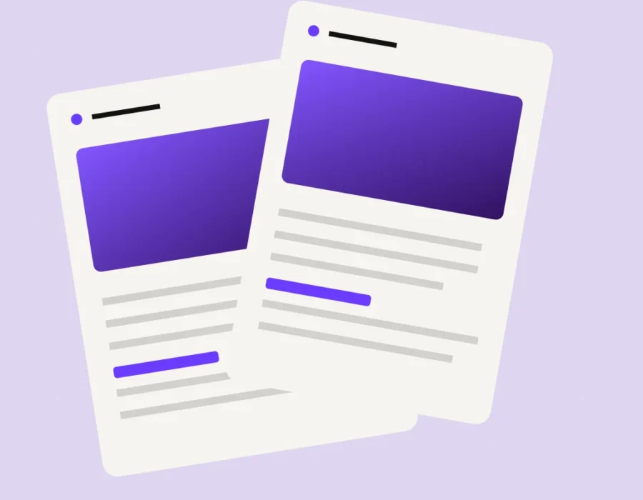 Two editorial page layouts with a purple and lime palette